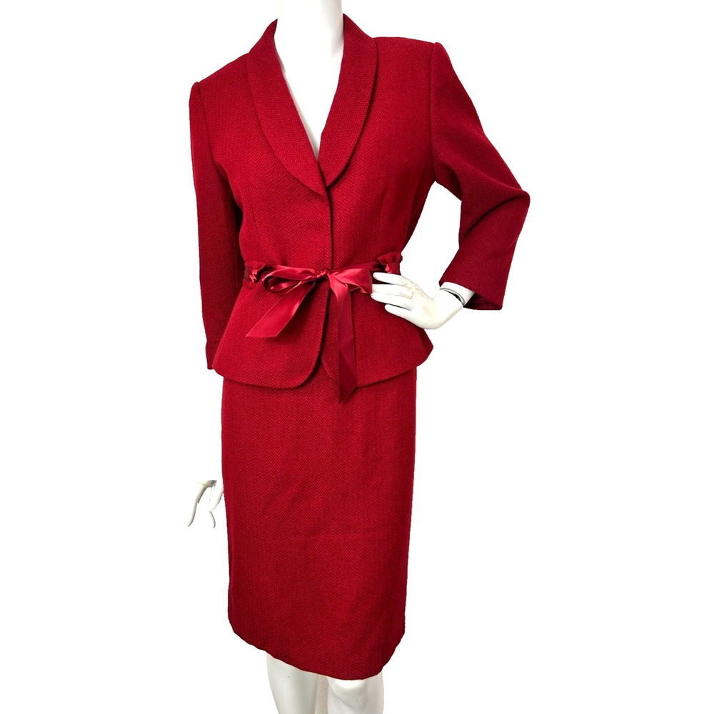Tahari Ruby Red Wool Herringbone Skirt Suit Satin Ribbon Cinch Waist Jacket 10
